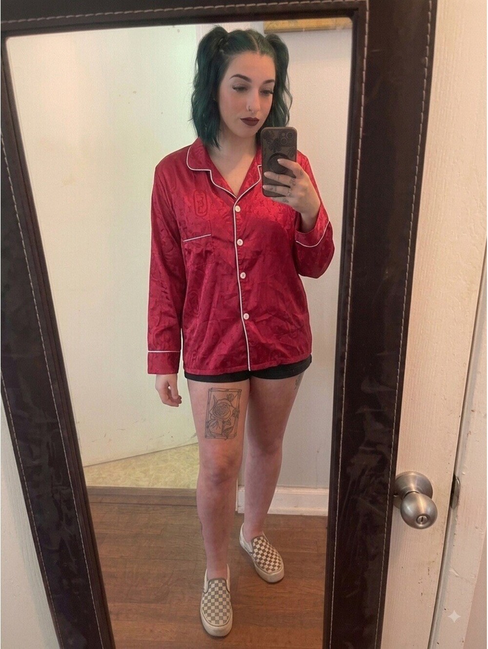Red Satin Jacquard Pajama Top Button Down Long Sleeve Contrast Piping XL